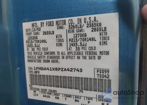 1993 Ford Aerostar z USA, uszkodzony, nr VIN 1FMDA41X8PZA42743